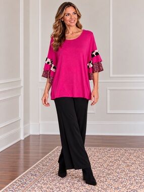 CELESTE Fuchsia Ruffle Sleeve Top Size: XL